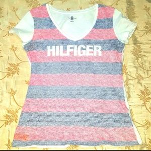 Tommy Hilfiger Striped V-Neck Graphic Contrast Tee